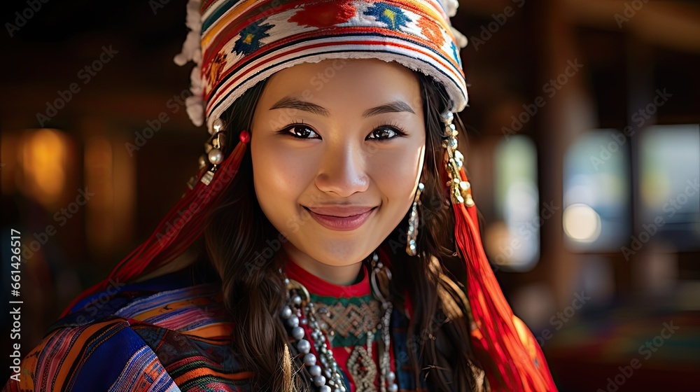 Hmong girl smiles Dressed in beautiful tribal clothing Hmong girl smiles Dressed in beautiful tribal clothing