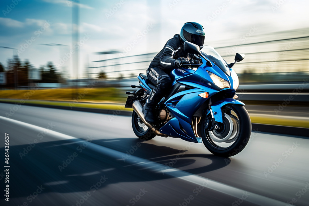 blue motorbike rider at high speed along the highway,   3d rendering, AI generative  
