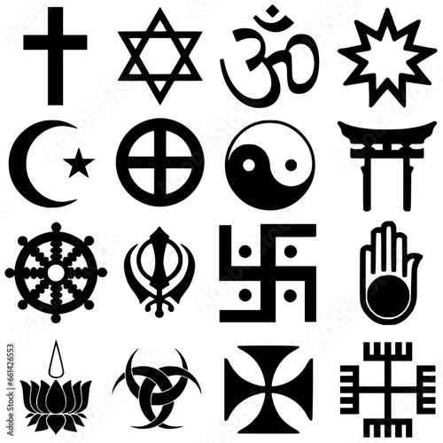 A set or collection  of Religious symbols, Christian Cross, Star of David, Omkar, Bahai, Crescent, Sun Cross, Yin-Yang, Shinto, Dharmacakra, Khanda, Swastika, Ahinsa,  photo