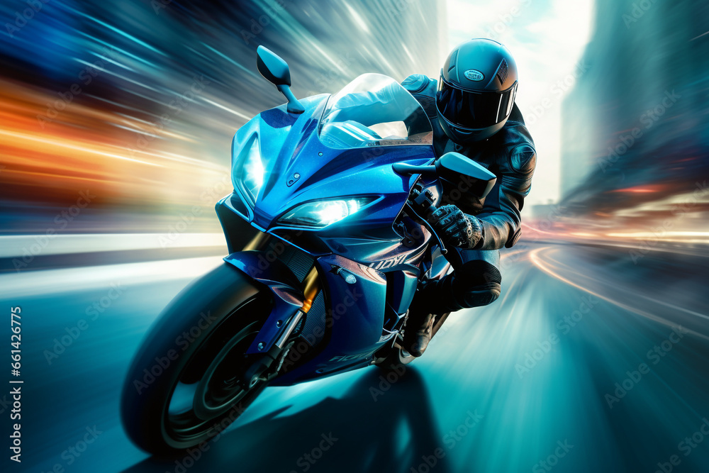 blue motorbike rider at high speed along the highway,   3d rendering, AI generative  