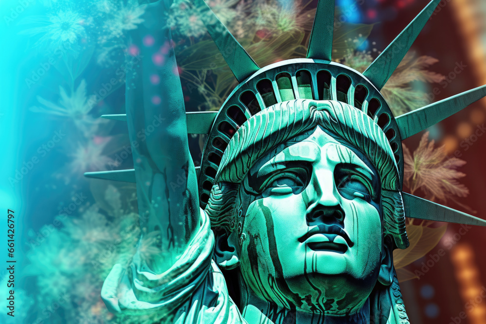 Collage with the head of the Statue of Liberty - obrazy, fototapety, plakaty 