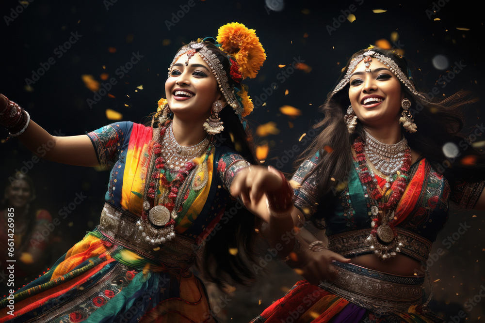 Indian women group Performing garba dance. navratri festival concept.