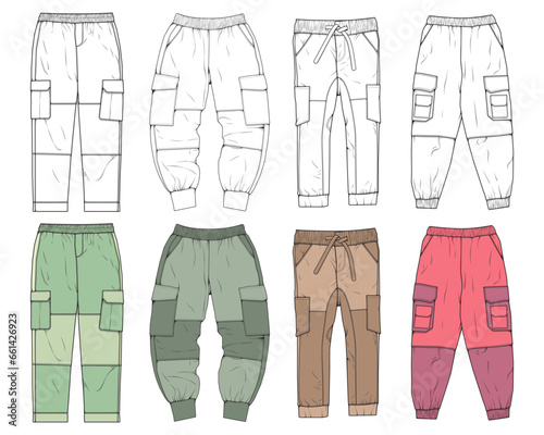Cargo Pants colorful fashion hand drawing technical  template. Cargo pocket fashion mockup for training.