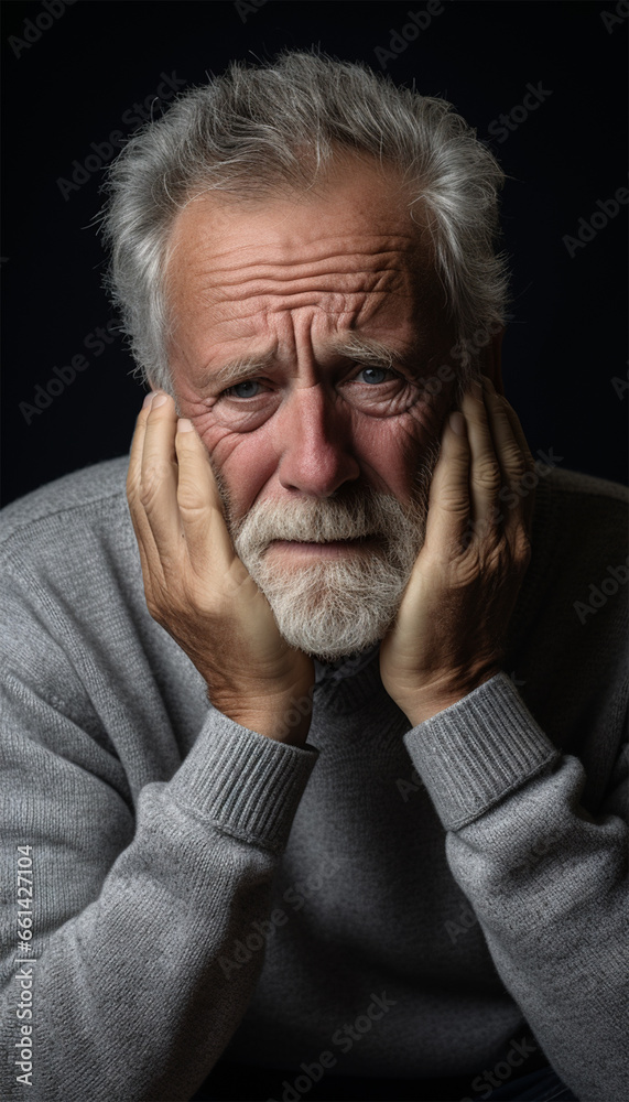 sad elderly gray-haired man holding his head. emotions of fatigue and confusion. Mental and physical health. sad elderly gray-haired man holding his head. emotions of fatigue and confusion. Mental and physical health.