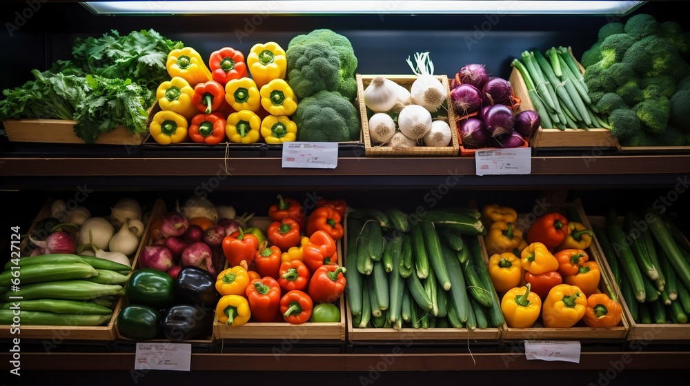 Fresh Vegetables on Shelves in a Market Store. Generative ai