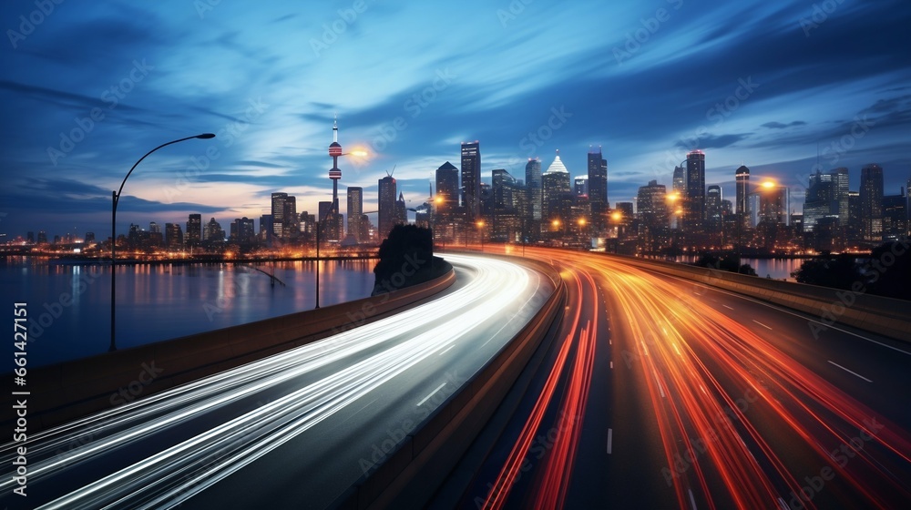 Evening Rush Hour on Urban Highway with City Skyline in the Background. Generative ai