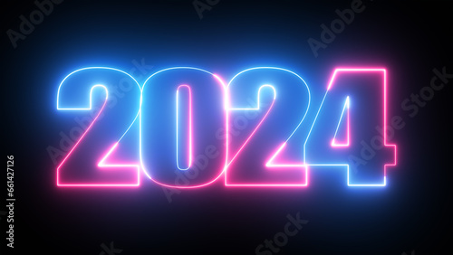 Glowing neon text 2024,  happy new year 2024,  New year text. Happy new year neon style photo