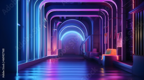 Modern Trendy 3D Design Background with Neon Room