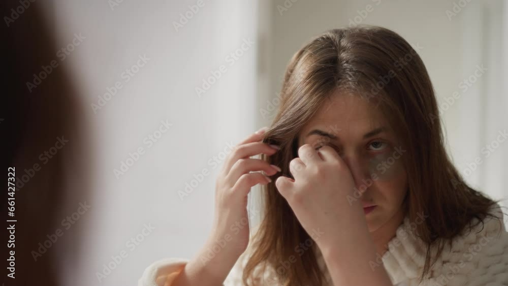 Pretty lady removes eye patches admiring result in mirror. Young brunette with short hair examines quality of skin after using cosmetic product Pretty lady removes eye patches admiring result in mirror. Young brunette with short hair examines quality of skin after using cosmetic product
