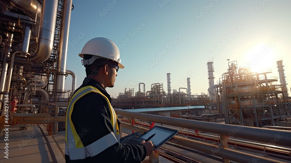An engineer or oil and gas production supervisor with a digital pad monitors the supply and distribution of natural gas in the refinery. View of natural gas refinery pipe installation - obrazy, fototapety, plakaty 