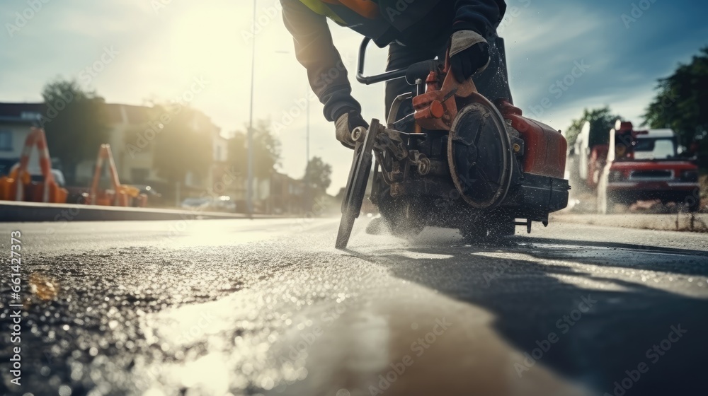 Construction worker with pneumatic hammer drilling equipment destroys the asphalt of the road - obrazy, fototapety, plakaty 