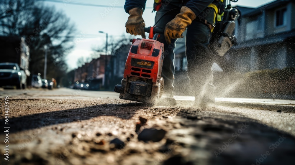 Construction worker with pneumatic hammer drilling equipment destroys the asphalt of the road