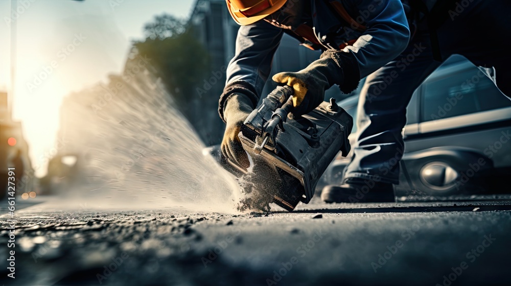 Construction worker with pneumatic hammer drilling equipment destroys the asphalt of the road - obrazy, fototapety, plakaty 