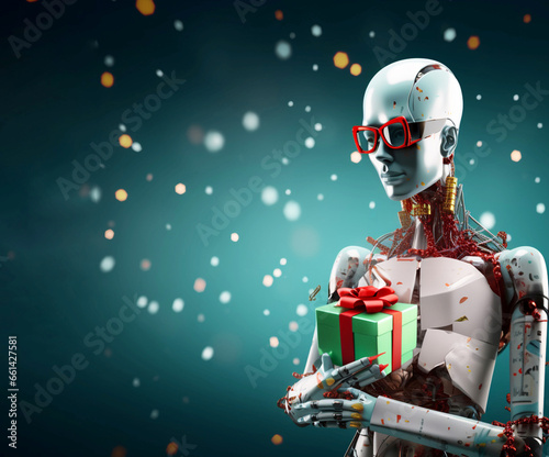 robot wearing red glasses and holding christmas gift. Surreal season greetings concept. Generative AI