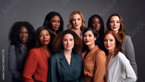 Group of diverse beautiful confident women in business suits standing together. Professionals of varied nationalities mutual support. Concept of female empowerment, modern businesswomen and teamwork