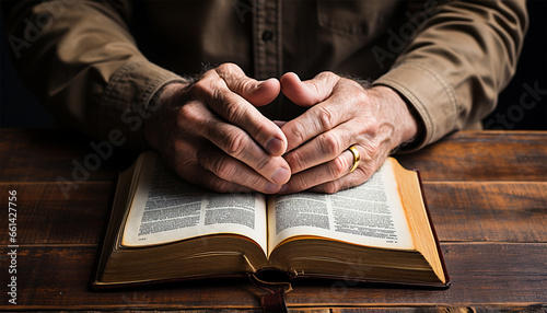 Fotografia wrinkled The hands of an elderly man are folded over the Bible.