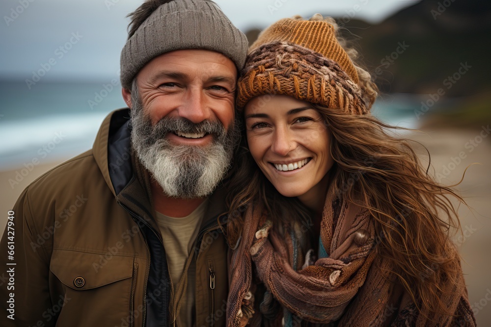 Happy couple hugging on the beach