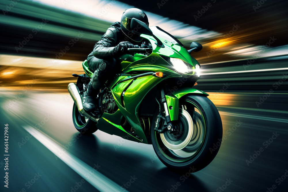 green motorbike rider at high speed along the highway,   3d rendering, AI generative  