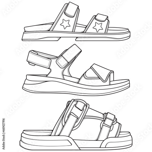 Strap sandals outline drawing vector, strap sandals drawn in a sketch style, bundling strap sandals template outline, vector Illustration.