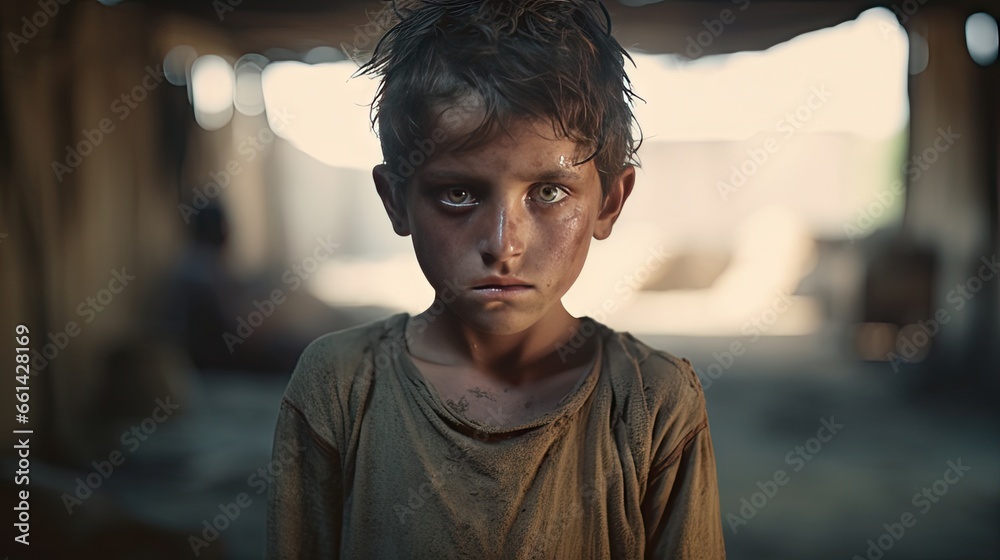 Closeup of a ghetto boy, a starving orphan in a war refugee camp. With a sad expression and clothes and eyes filled with pain