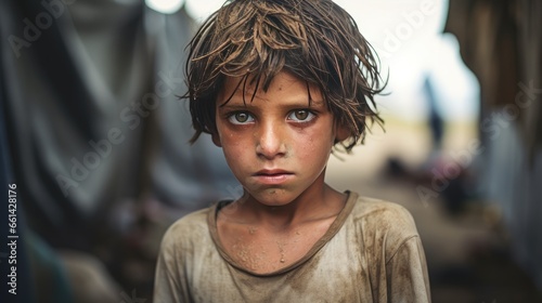 Closeup of a ghetto boy, a starving orphan in a war refugee camp. With a sad expression and clothes and eyes filled with pain