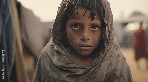 Closeup of a ghetto boy, a starving orphan in a war refugee camp. With a sad expression and clothes and eyes filled with pain photo