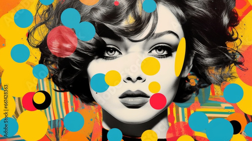 Pop art collage 1960s with beautiful abstract woman. Fashionable design with colorful background. Surreal Abstract Geometry. female lips and thoughts. Abstract collage.