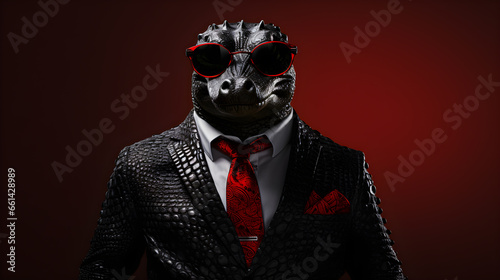 crocodile wearing red sunglasses and a black suit with a red tie on dark red background