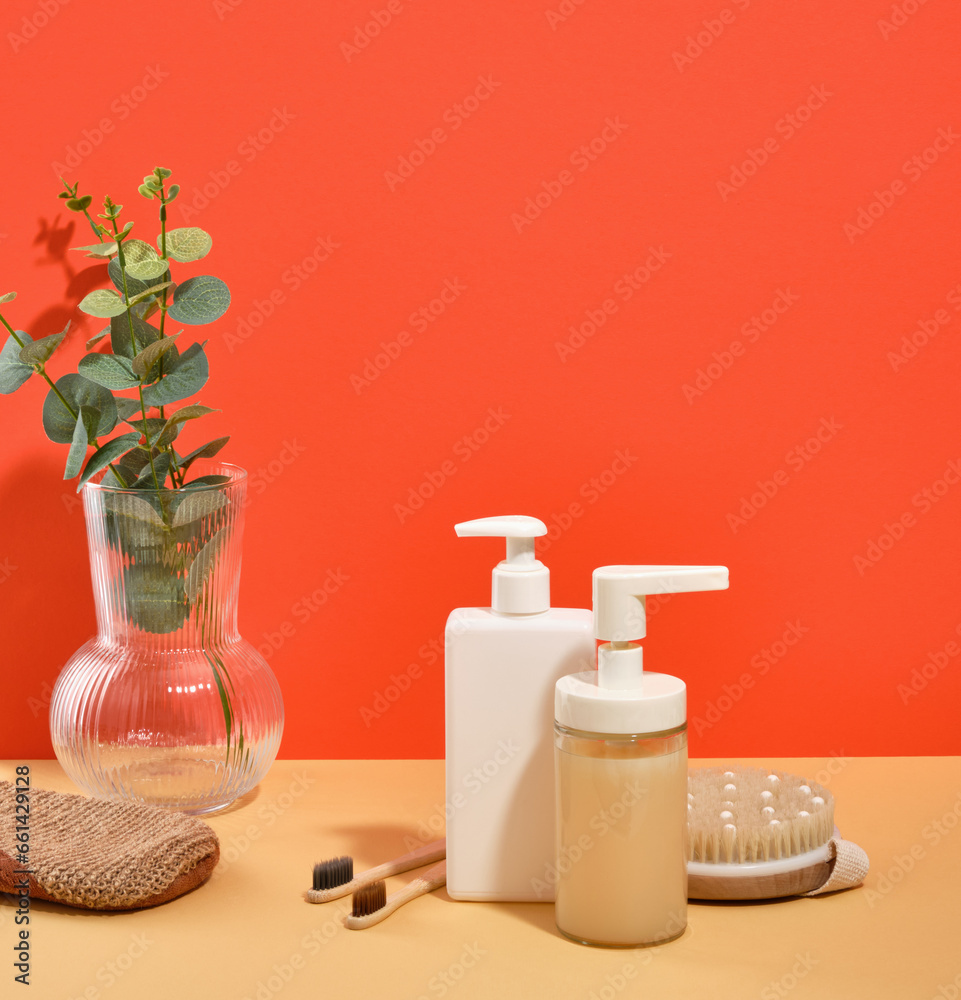 Supplies for personal hygiene. Organic bamboo toothbrushes and body brushes for shower and massage. A glass vase and a green branch. Copy space for text. Supplies for personal hygiene. Organic bamboo toothbrushes and body brushes for shower and massage. A glass vase and a green branch. Copy space for text.