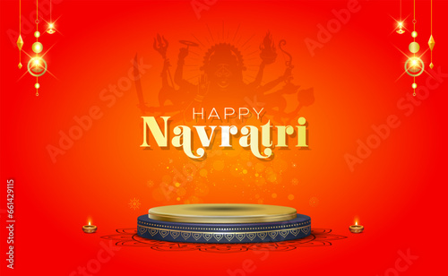 Navratri Poster Background design for Maa Durga puja festival. Podium, stage with festive red background.