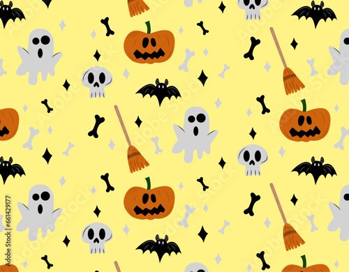 Halloween pattern with pumpkin, bat, bones, broom, skull, ghost on a yellow background