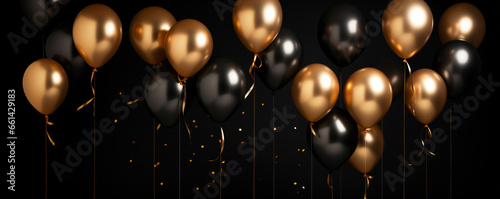 Gold baloons and confetti against black background. Celebration and festive concept.