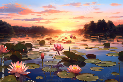 Lotus flowers on a lake in sunset photo