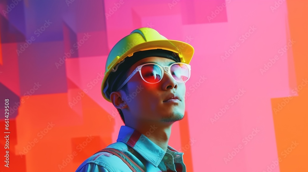 Asian male civil engineer side view, pop art, graffiti pop culture