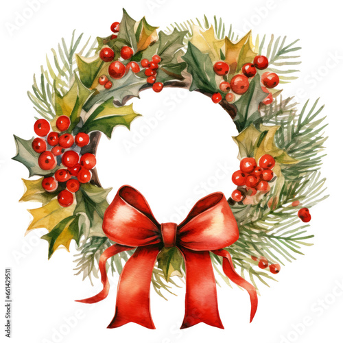 Watercolor Christmas wreath with red bow