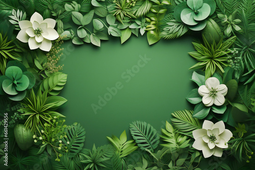 Paper cut green leaves and flowers frame with space for text