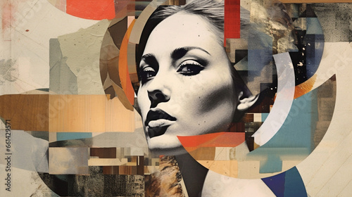 Pop art collage 1960s with beautiful abstract woman. Fashionable design with colorful background. Surreal Abstract Geometry. female lips and thoughts. Abstract collage.