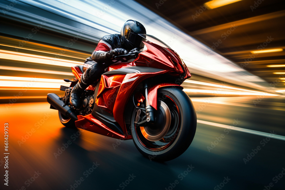 Fototapeta premium red motorbike rider at high speed along the highway, 3d rendering, AI generative 