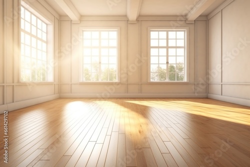 Empty room and wall and wooden floor with interesting with glare from the window © Nijieimu