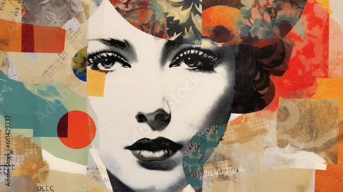 Pop art collage 1960s with beautiful abstract woman. Fashionable design with colorful background. Surreal Abstract Geometry. female lips and thoughts. Abstract collage.