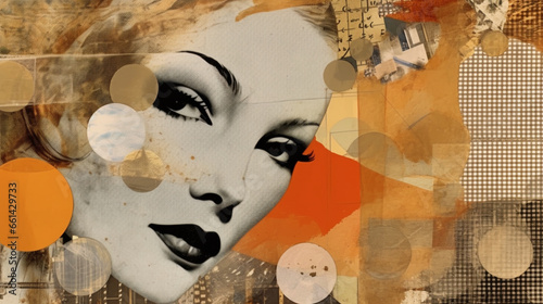 Pop art collage 1960s with beautiful abstract woman. Fashionable design with colorful background. Surreal Abstract Geometry. female lips and thoughts. Abstract collage.