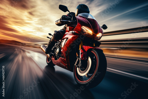 red motorbike rider at high speed along the highway, 3d rendering, AI generative 