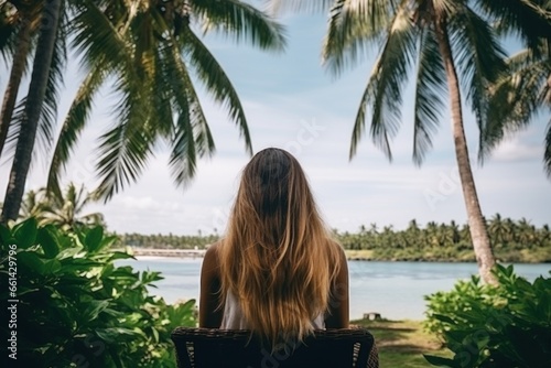 Back view of a woman sitting on a chair between coconut trees enjoying of the beach