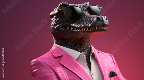 crocodile wearing black sunglasses and a pink suit with a pink tie and white shirt on dark pink background
