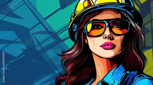 Female engineer reads digital blueprints near construction site vector in illustration, wearing hard plastic helmet, psychedelic colors, in pop art style