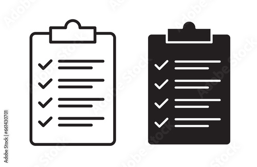 agenda checklist icon set. quality test check list vector symbol. inventory list sign in black and white.