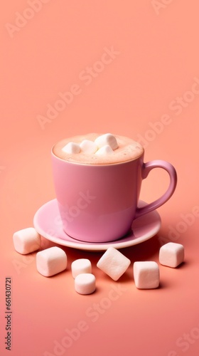 Cup of cocoa with marshmallows on light pink background. Hot chocolate in a large mug.