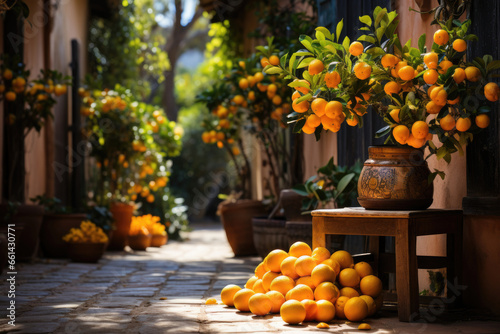 orange trees with orange fruits near a house in a southern village photo