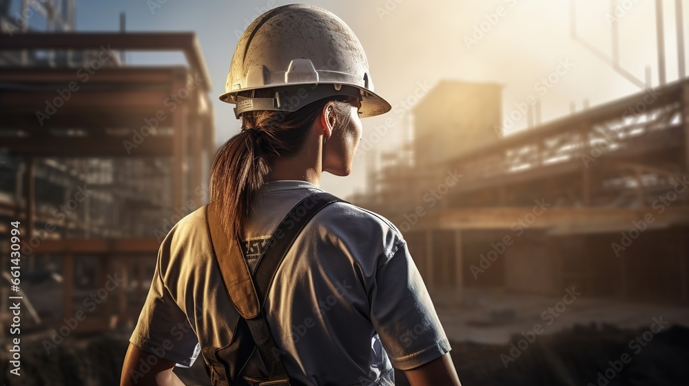 A young female worker stand back. A young female worker wearing a protective helmet and safety gear on a construction site - obrazy, fototapety, plakaty 