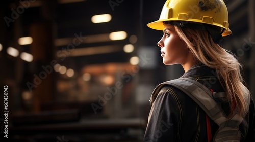 A young female worker stand back. A young female worker wearing a protective helmet and safety gear on a construction site